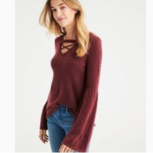 AE STRAPPY-FRONT BELL-SLEEVE SWEATER